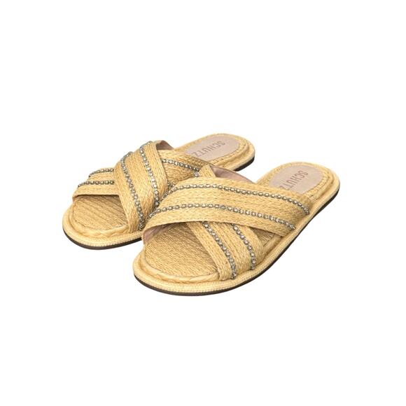 New! Schutz Carlotta Embroidered Straw Rhinestone Sandal Slides - Size 5 - Picture 4 of 12